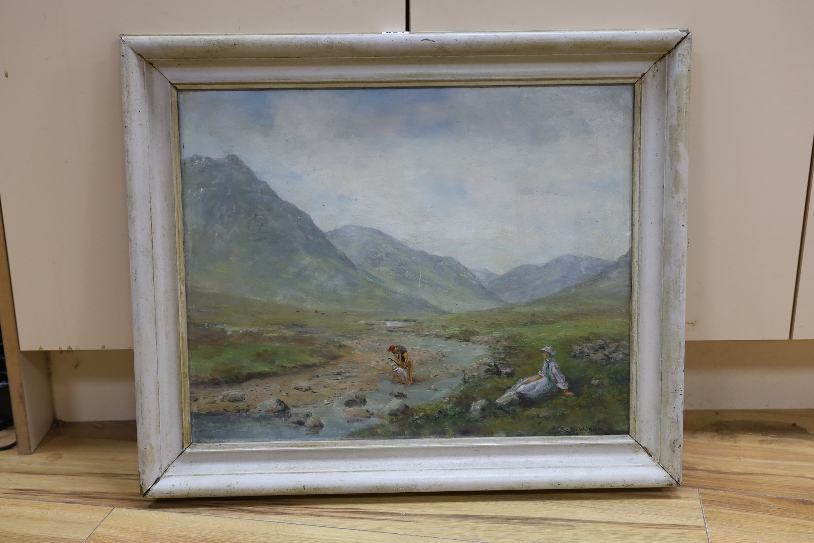 Robert B. Wilson, oil on board, 'Glen Etive, Rannoch Moor', signed with label verso, 43 x 54cm